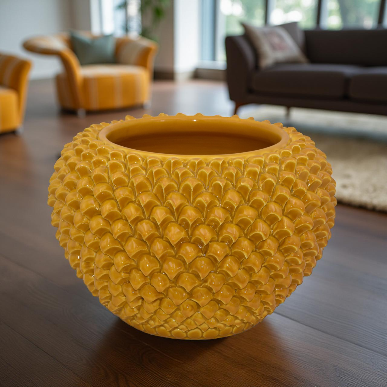 Cachepot a pigna senape in ceramica artigianale di Caltagirone