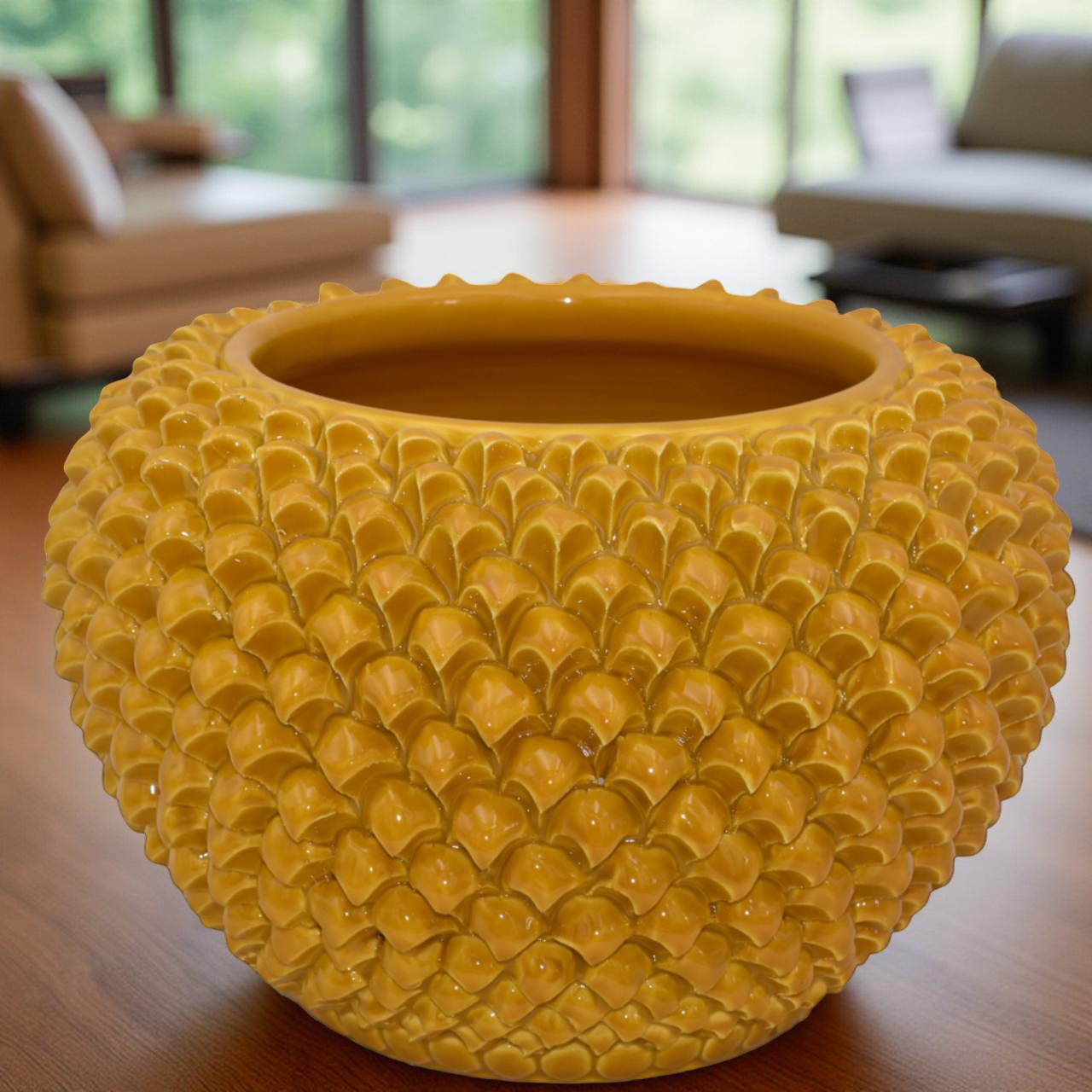 Cachepot a pigna senape in ceramica artigianale di Caltagirone