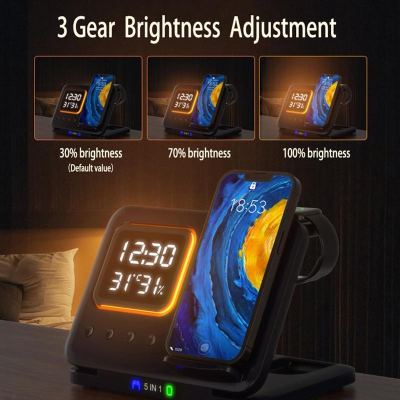Wireless Chargers Stand 5 In1 LED Digital Alarm Clock Fast Charging