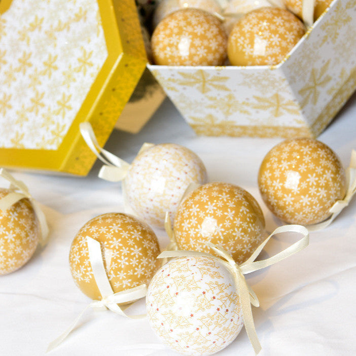 Palline di Natale in scatola decorata con stampa.