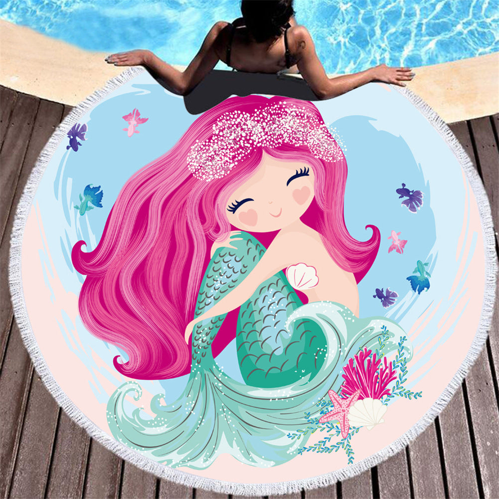Asciugamano da spiaggia in microfibra con motivo a sirena rosa cartoon rotondo