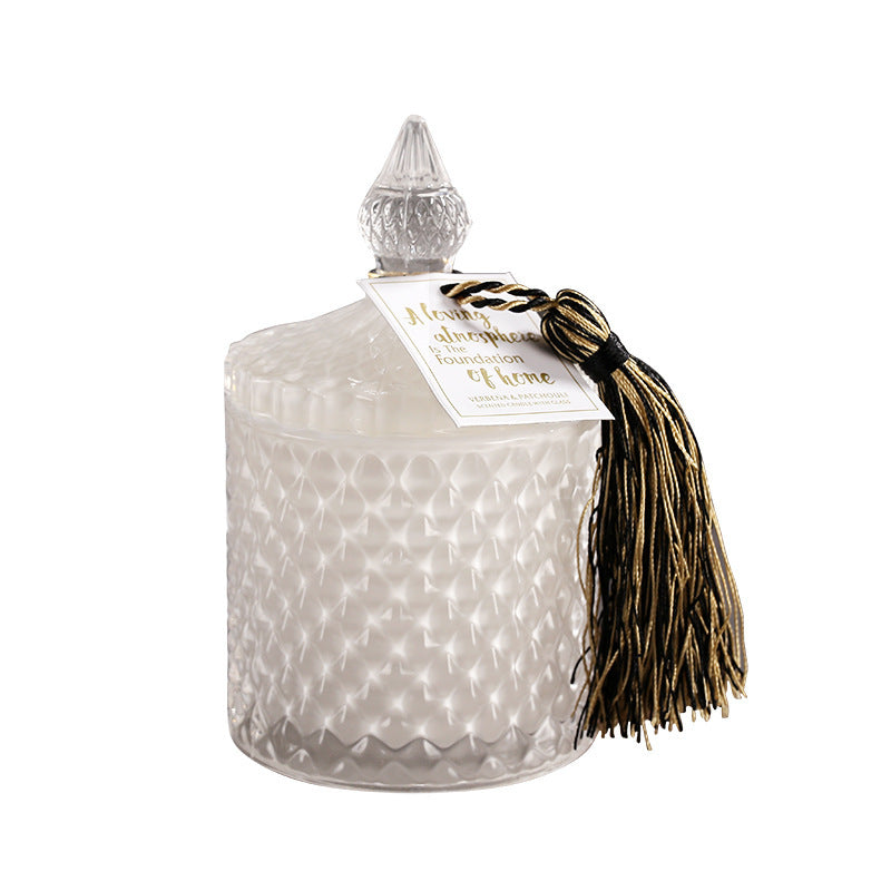 Vela de vidrio con cera de soja para aromaterapia creativa con tapa con botón.