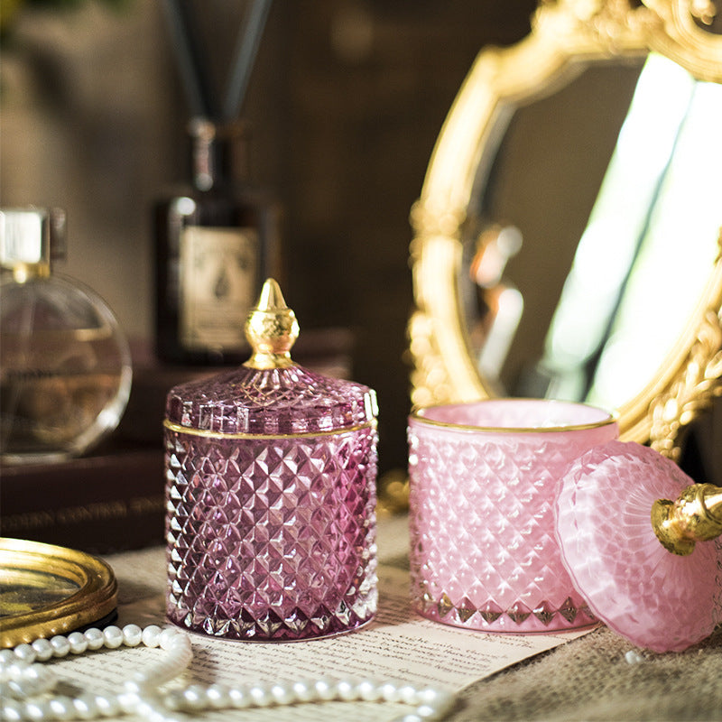 Luxury fine cut glass jar with gold point top.