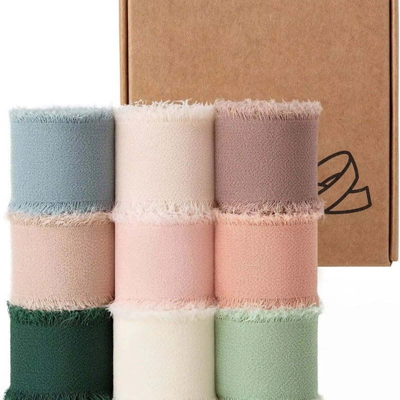 Nastro di seta sfilacciato con bordo in chiffon stropicciato, 3 rotoli, 6,5 m per rotolo