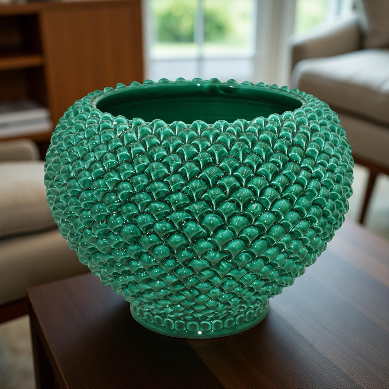 Cachepot a pigna Verde Smeraldo in ceramica artigianale di Caltagirone