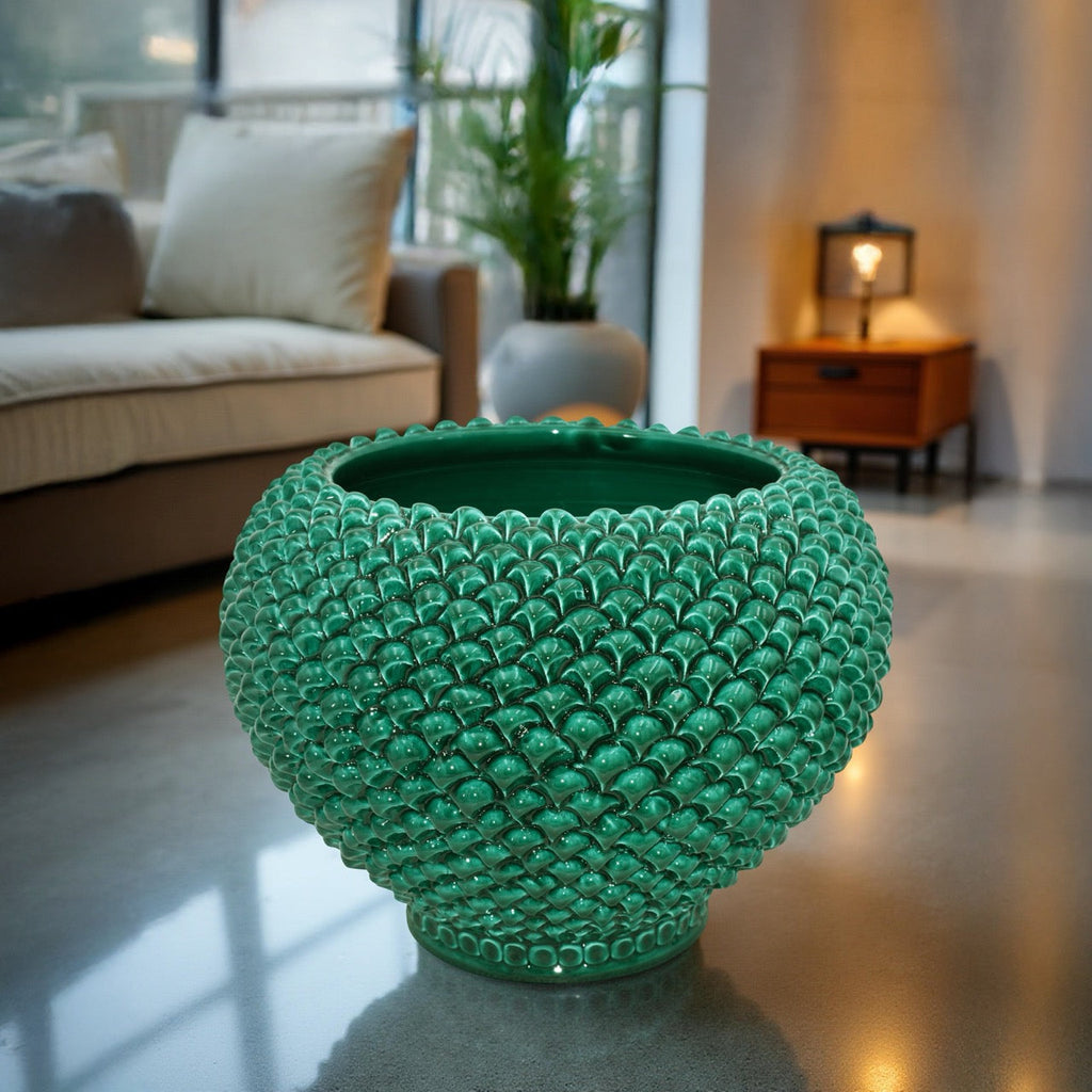 Cachepot a pigna Verde Smeraldo in ceramica artigianale di Caltagirone