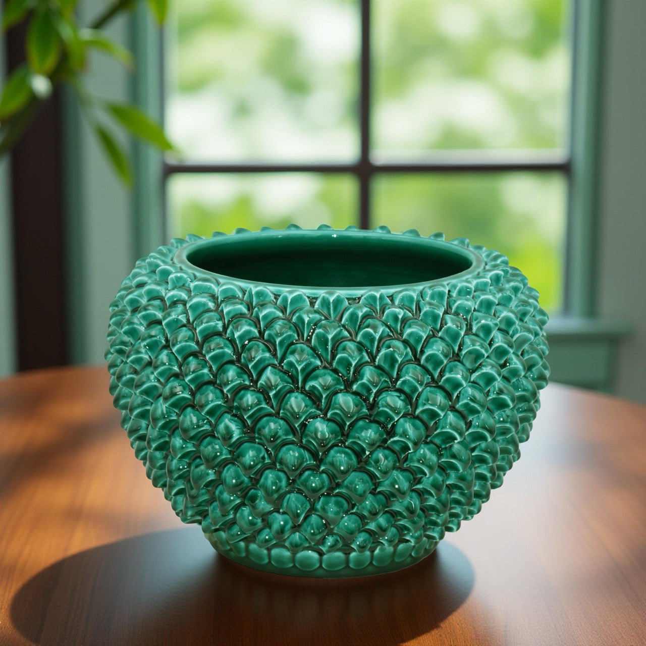 Cachepot a pigna Verde Smeraldo in ceramica artigianale di Caltagirone