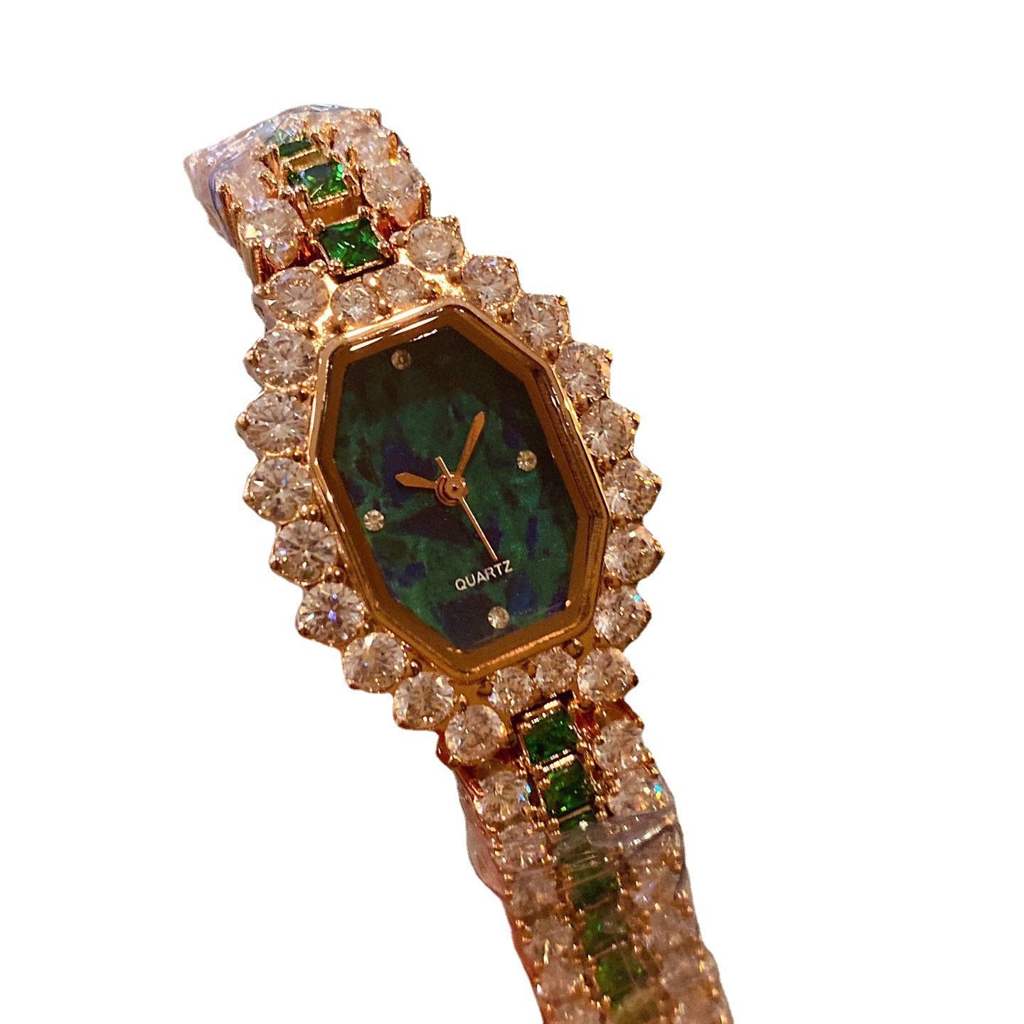Orologio da donna con quadrante a botte di vino, completamente in diamanti, verde