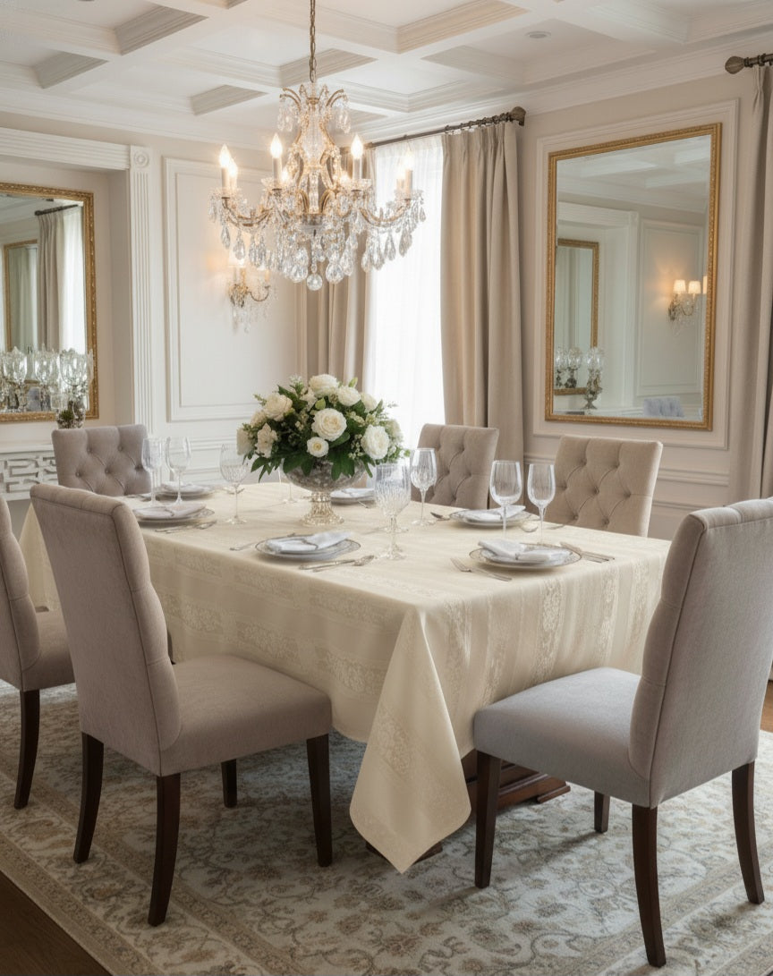 Tovaglia di Lusso RUBINO Jacquard Misto Lino - Design Tela Aida - Su Misura (Bianco/Avorio)