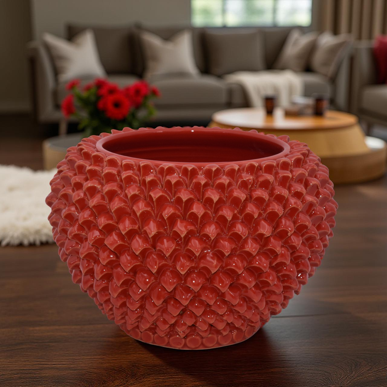 Cachepot a pigna Rosso Fuoco in ceramica artigianale di Caltagirone