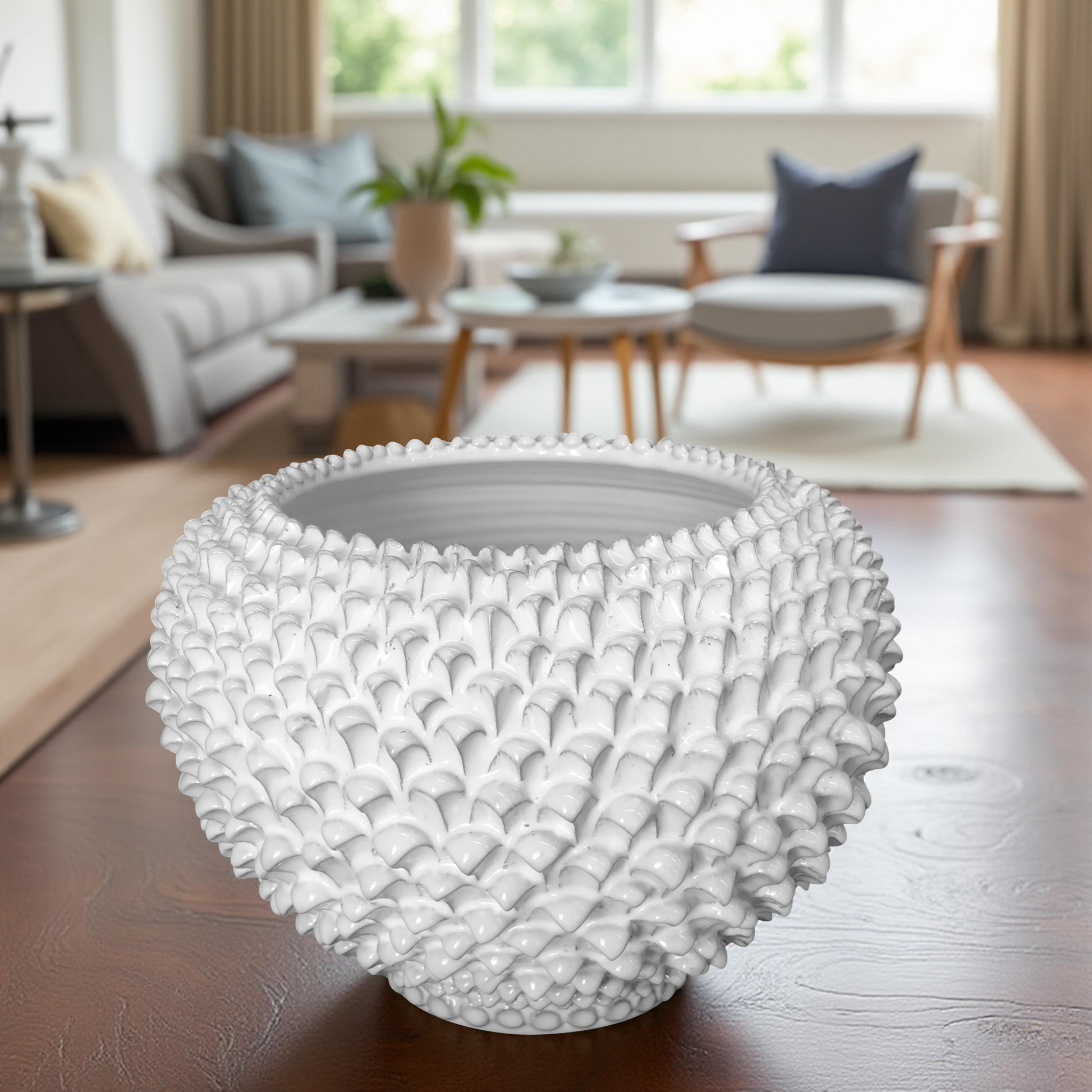 Cachepot a pigna linea bianca in ceramica artigianale di Caltagirone