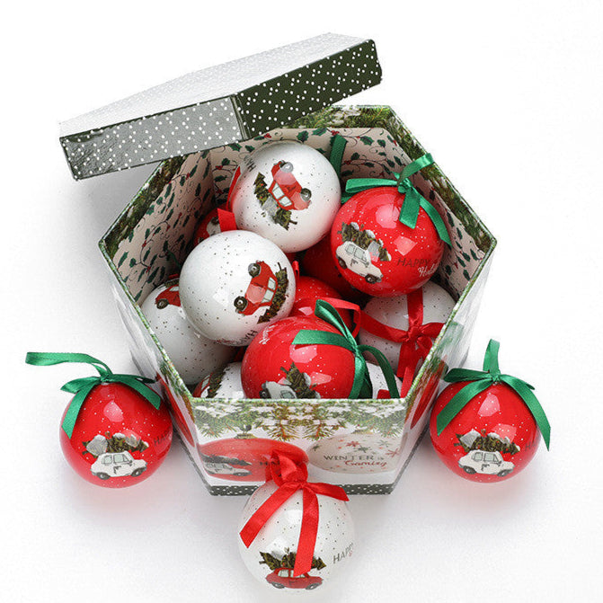 Palline di Natale in scatola decorata con stampa.