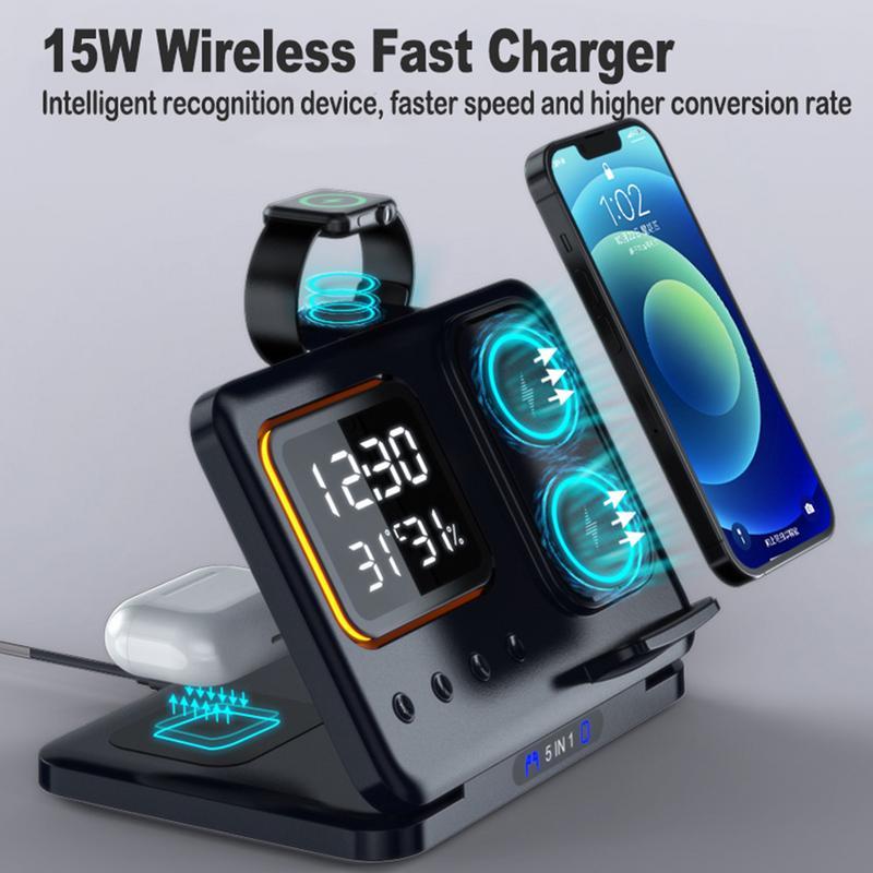 Wireless Chargers Stand 5 In1 LED Digital Alarm Clock Fast Charging