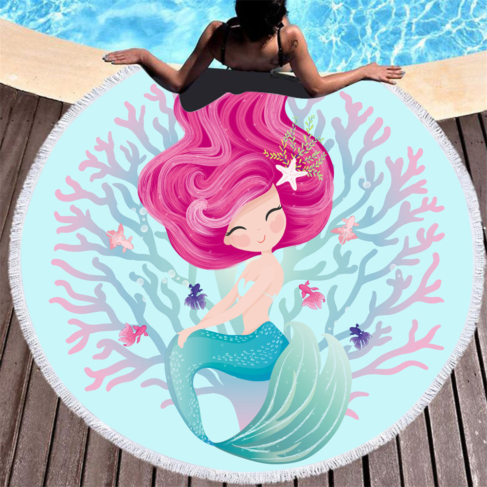 Asciugamano da spiaggia in microfibra con motivo a sirena rosa cartoon rotondo