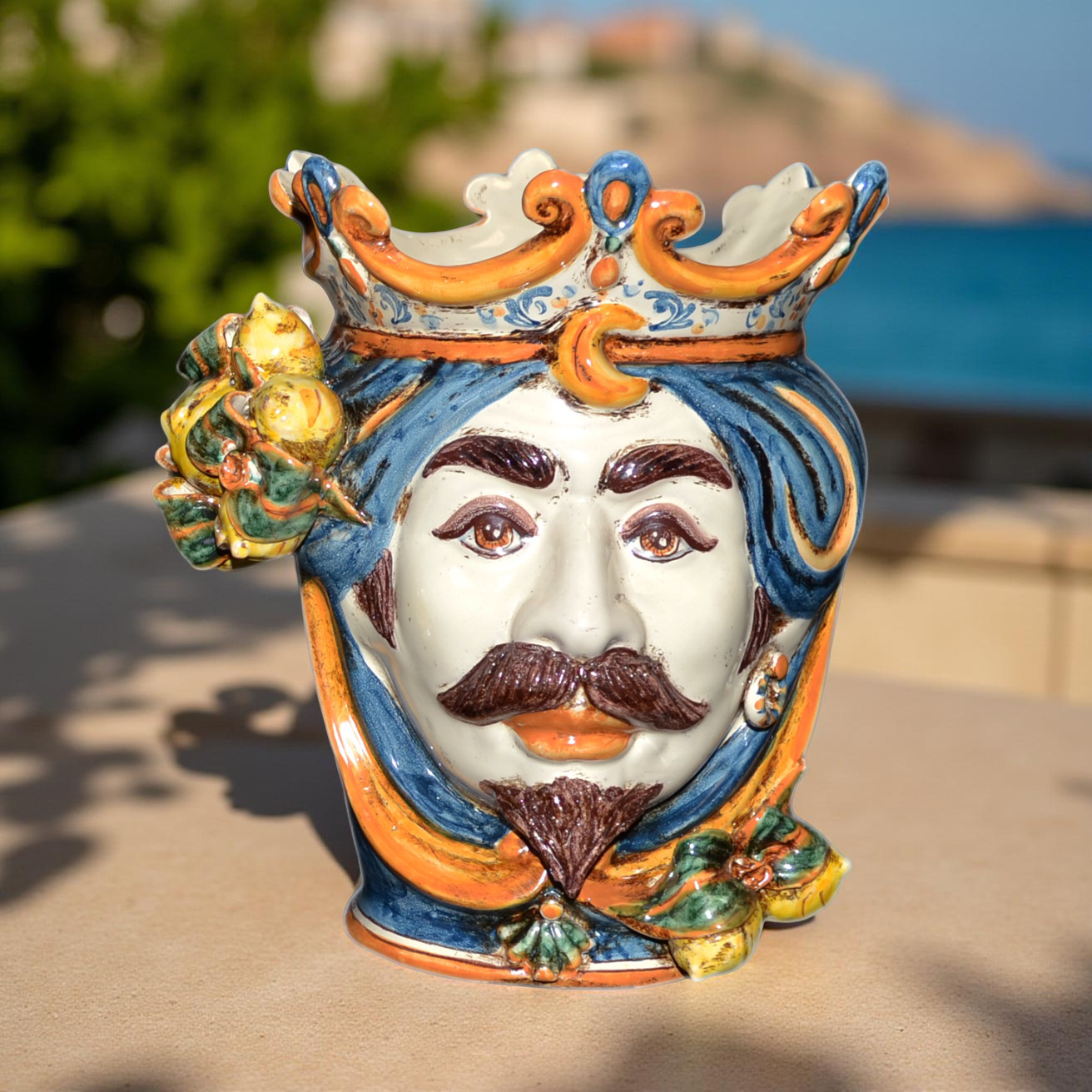 Testa h 25 cm limoni blu e arancio maschio bianco