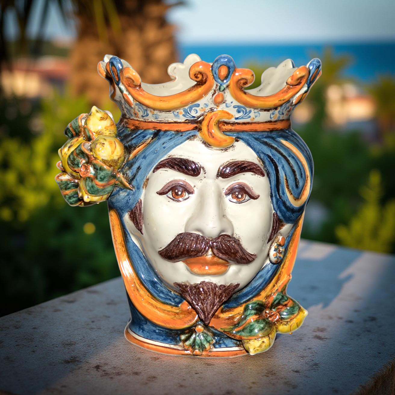 Testa h 25 cm limoni blu e arancio maschio bianco