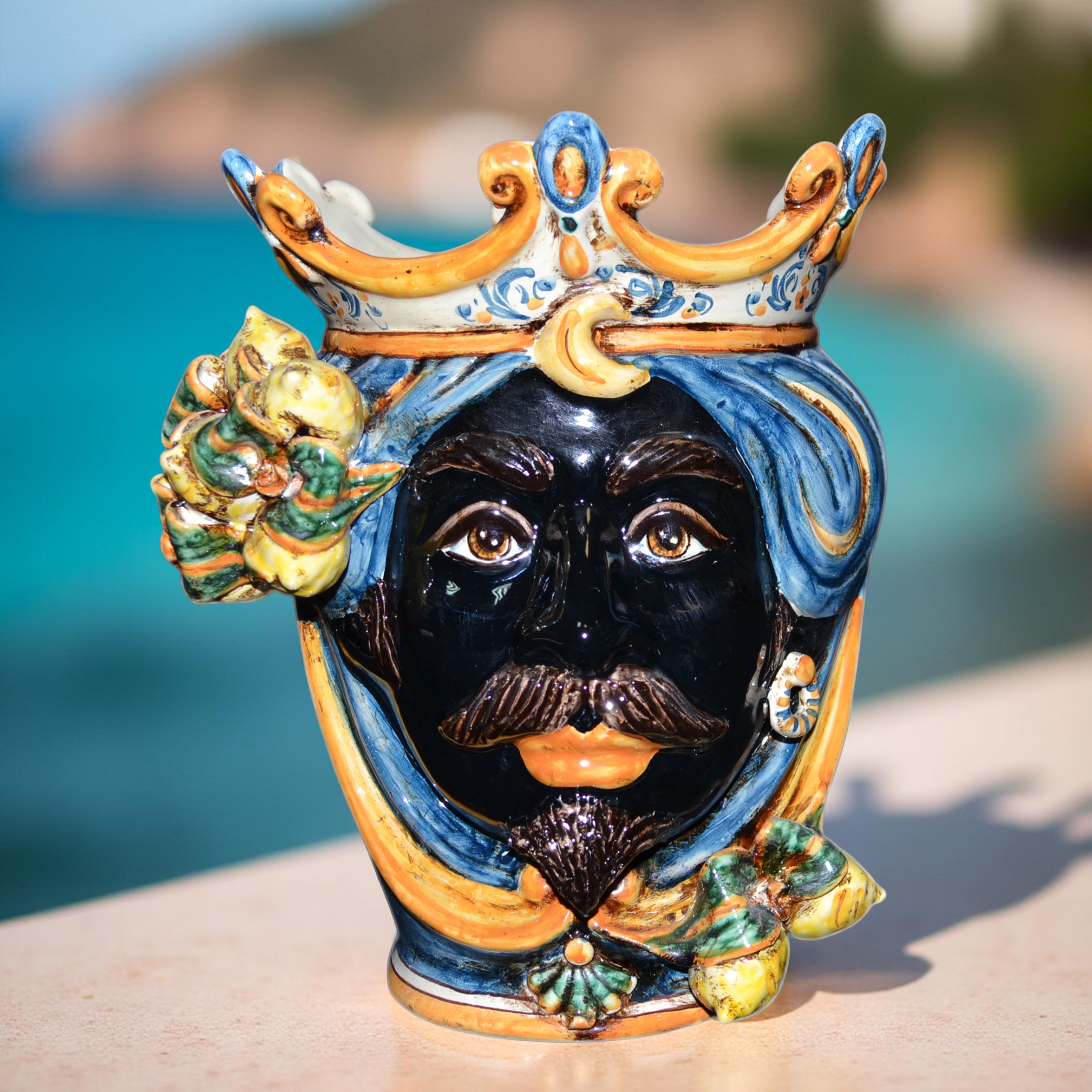 Testa h 25 cm limoni blu e arancio maschio moro