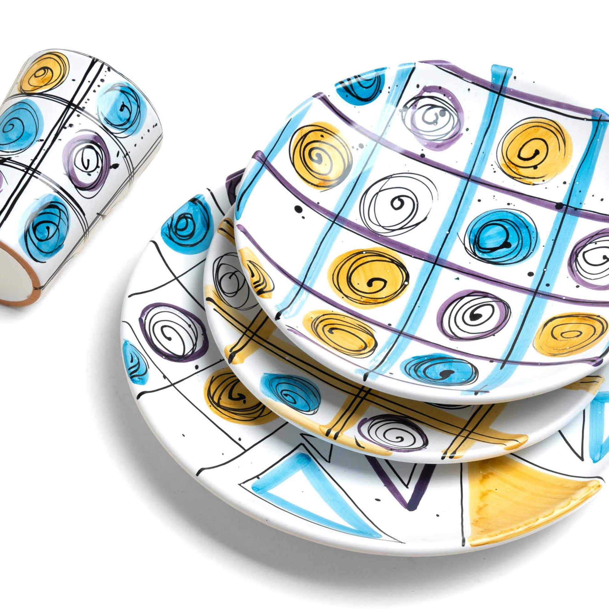 Tris Piatti Tris Blu e Giallo Istintismo con Bicchiere