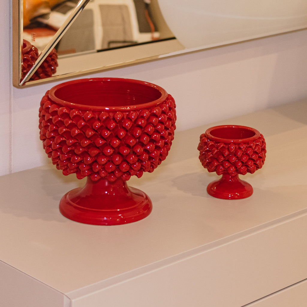 Vaso mezza pigna rosso fuoco in ceramica di Caltagirone