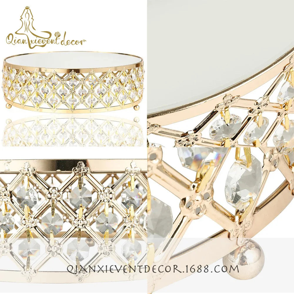 Alzata per torta in metallo con specchio di cristallo dorato, piatto rotondo