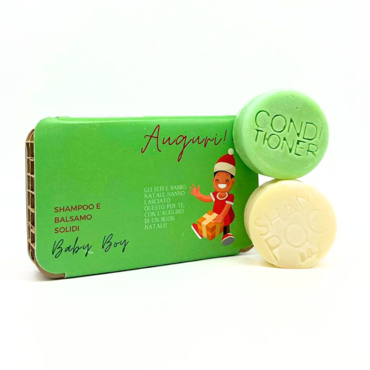 CONFEZIONE NATALIZIA PER BAMBINO SHAMPOO SOLIDO BABY BOY MUSCHIO BIANCO + BALSAMO SOLIDO BABY ANGURIA &amp; CETRIOLO