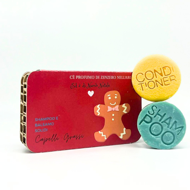 CONFEZIONE NATALIZIA SHAMPOO SOLIDO CAPELLI GRASSI RUGIADA + BALSAMO SOLIDO CAPELLI GRASSI O CON FORFORA YOGURT UND CREMA DI RISO