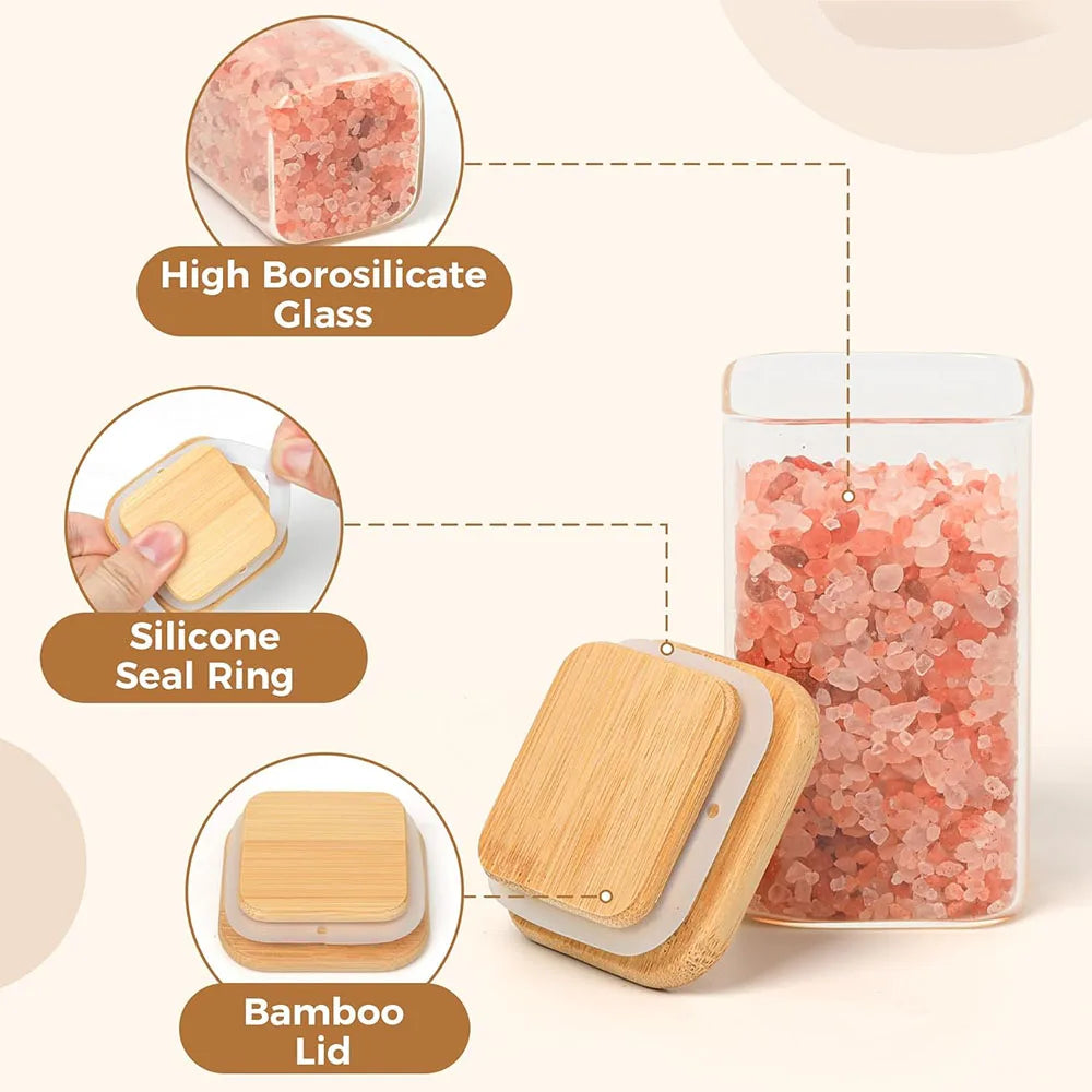 Glass Spice Jars with Bamboo Lid, 8 oz Airtight Square Containers.