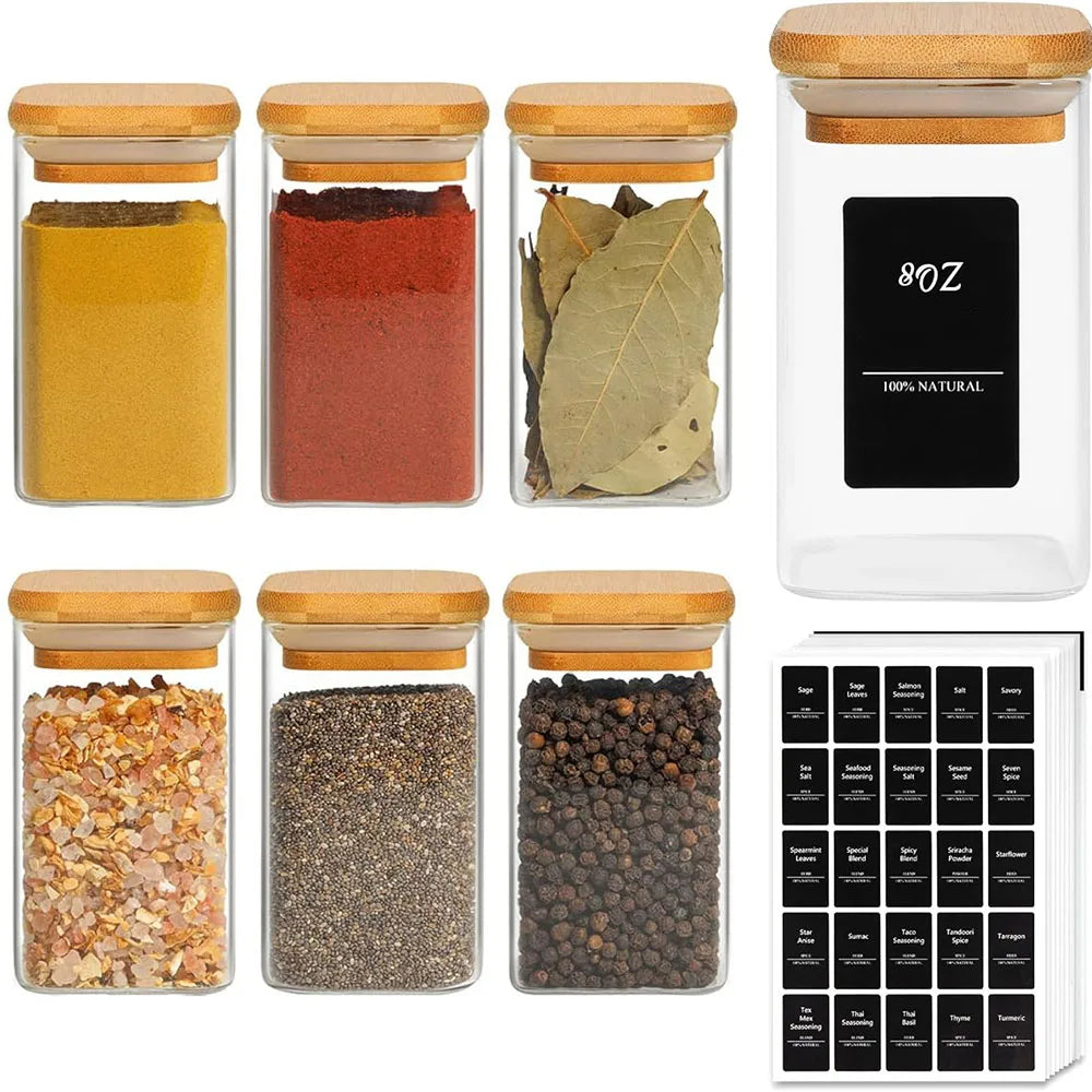 Glass Spice Jars with Bamboo Lid, 8 oz Airtight Square Containers.