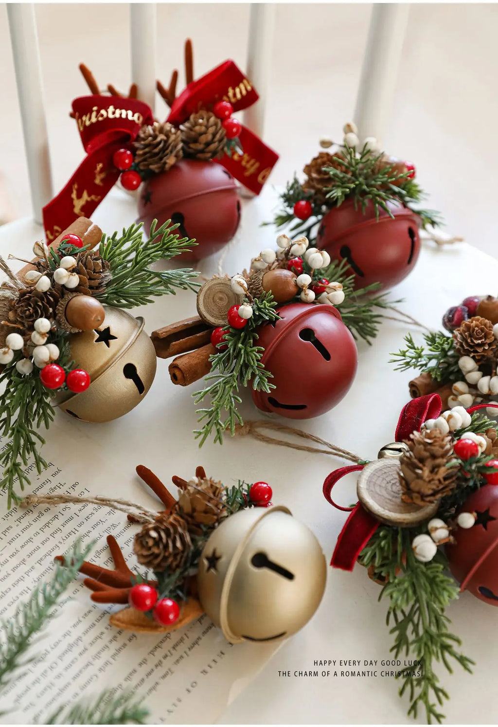 Christmas bells antlers bows pinecones Christmas tree.
