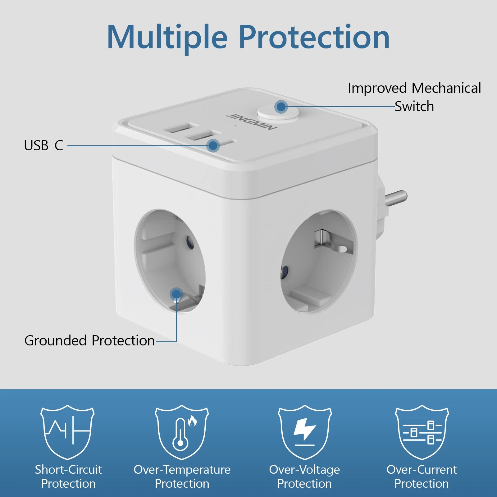 Prolunga per presa a muro con interruttore, 3 prese, 2 porte USB A e 1 porta di tipo C, cubo portatile