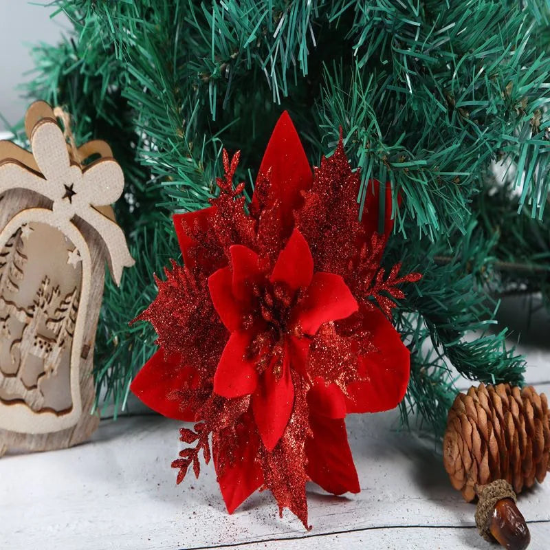 Christmas Glitter Artificial Flowers Floral Silk Tree Hanging Ornaments
