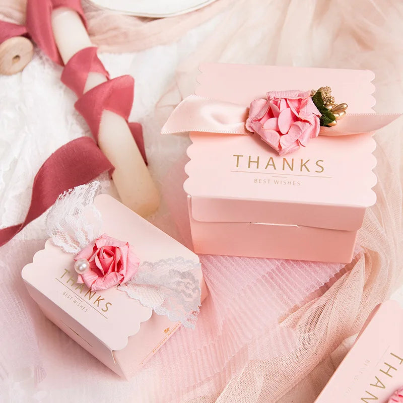 Caja de dulces de flores, bolsa de papel con cinta rosa cuadrada, 5 piezas.