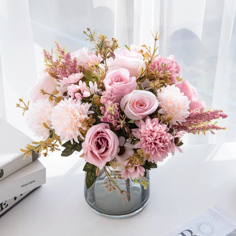 1/4 Stück künstliche Blumen, günstige Neujahrsdekorationen, Hochzeit, Garten, Pfingstrosenbogen, Weihnachten, Zuhause, künstliche Seidenrosen, Hortensien, Vase, DIY