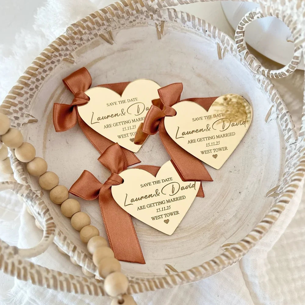 Custom Wedding Favor Tag Anniversary Heart Shape Mirror Tag.