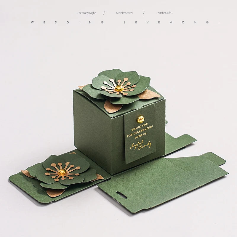 Wedding Candy Box Green Creative Flower Square Exquisite Personalized.
