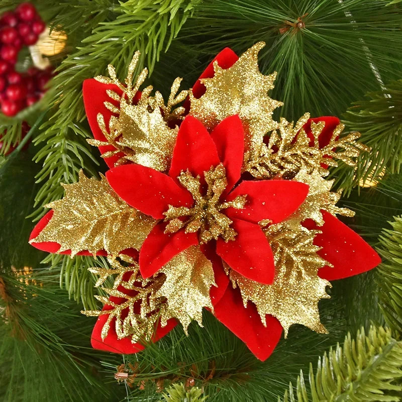 Flores artificiales navideñas con purpurina, 10 unidades/14 cm
