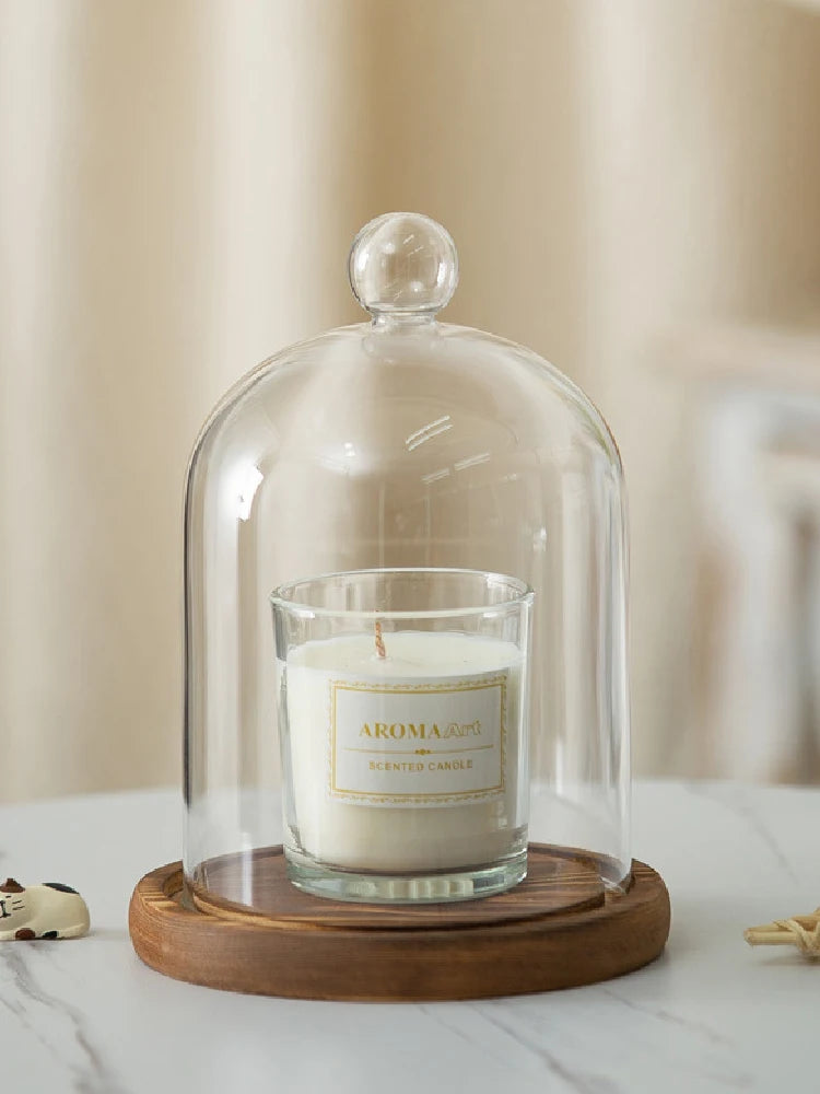 Candle Holder Glass Cover Wooden Base Aromatherapy