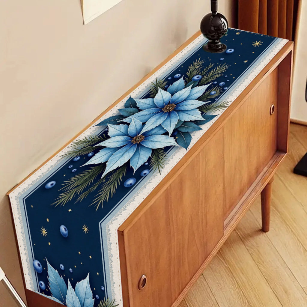 Camino de mesa navideño elegante, decoración navideña en color azul marino con flor de Pascua azul.