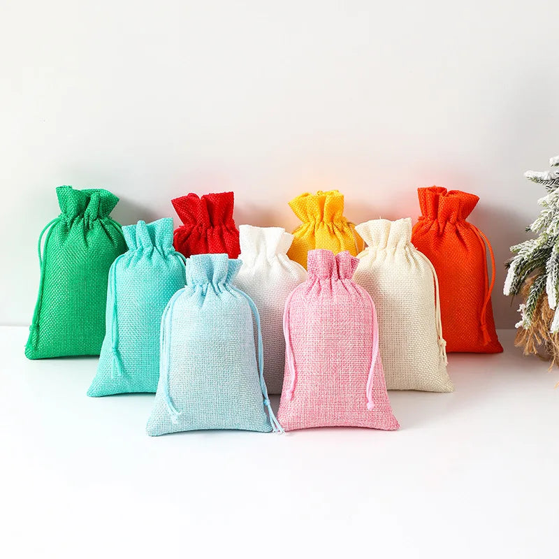 Multi Colors Jute Storage Bags Fabric Package Drawstring Pouches.