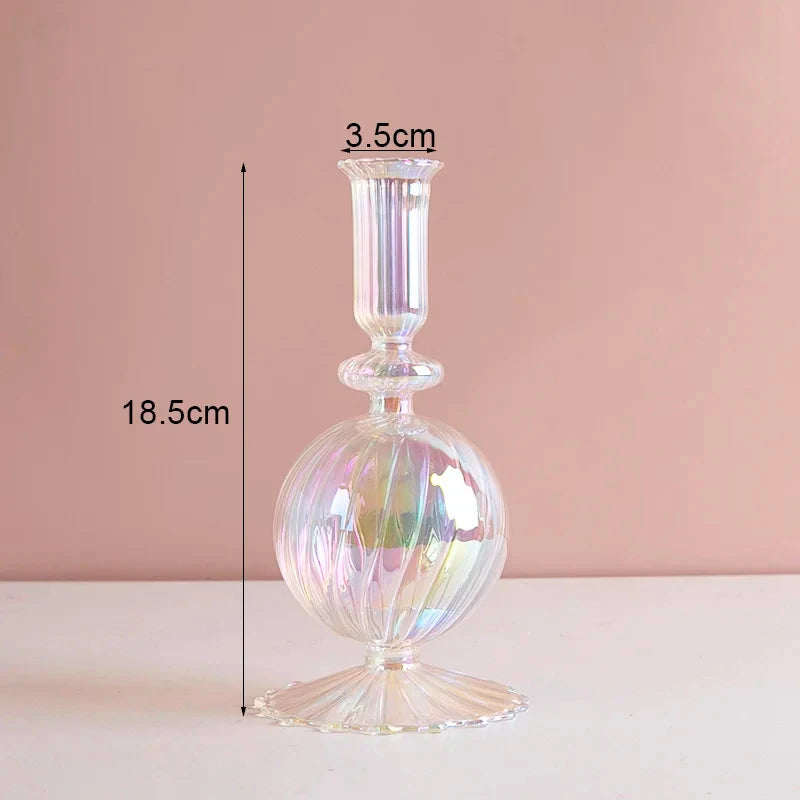 Navy Glass Candle Holder Stripe Flower Glass