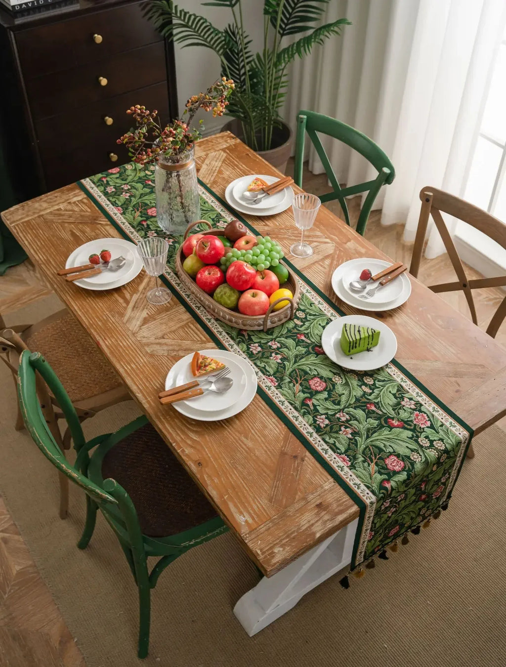 Plant Flower Table Runner with Tassels Jacquard Living Room