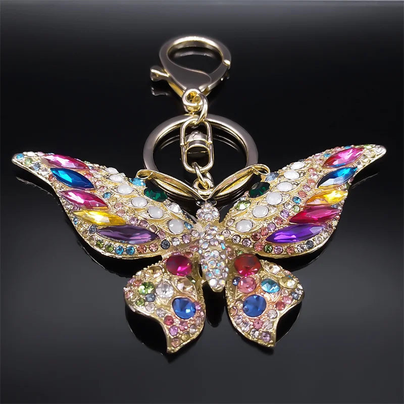 Portachiavi con ciondolo a farfalla in strass colorati color oro