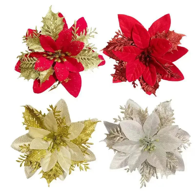 Flores artificiales navideñas con purpurina, 10 unidades/14 cm