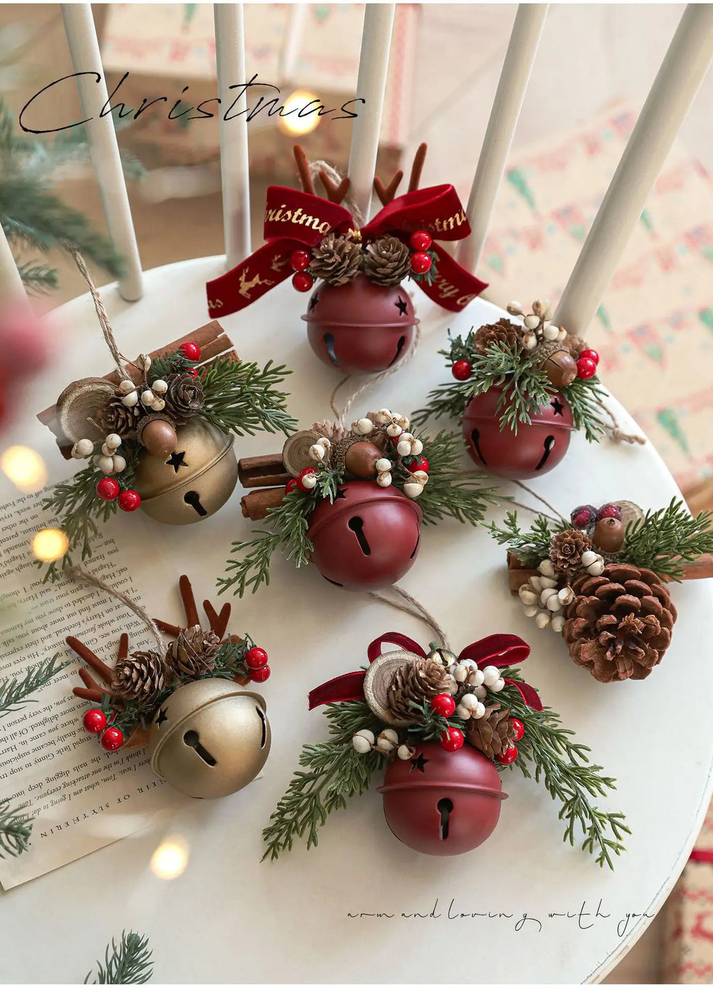 Christmas bells antlers bows pinecones Christmas tree.