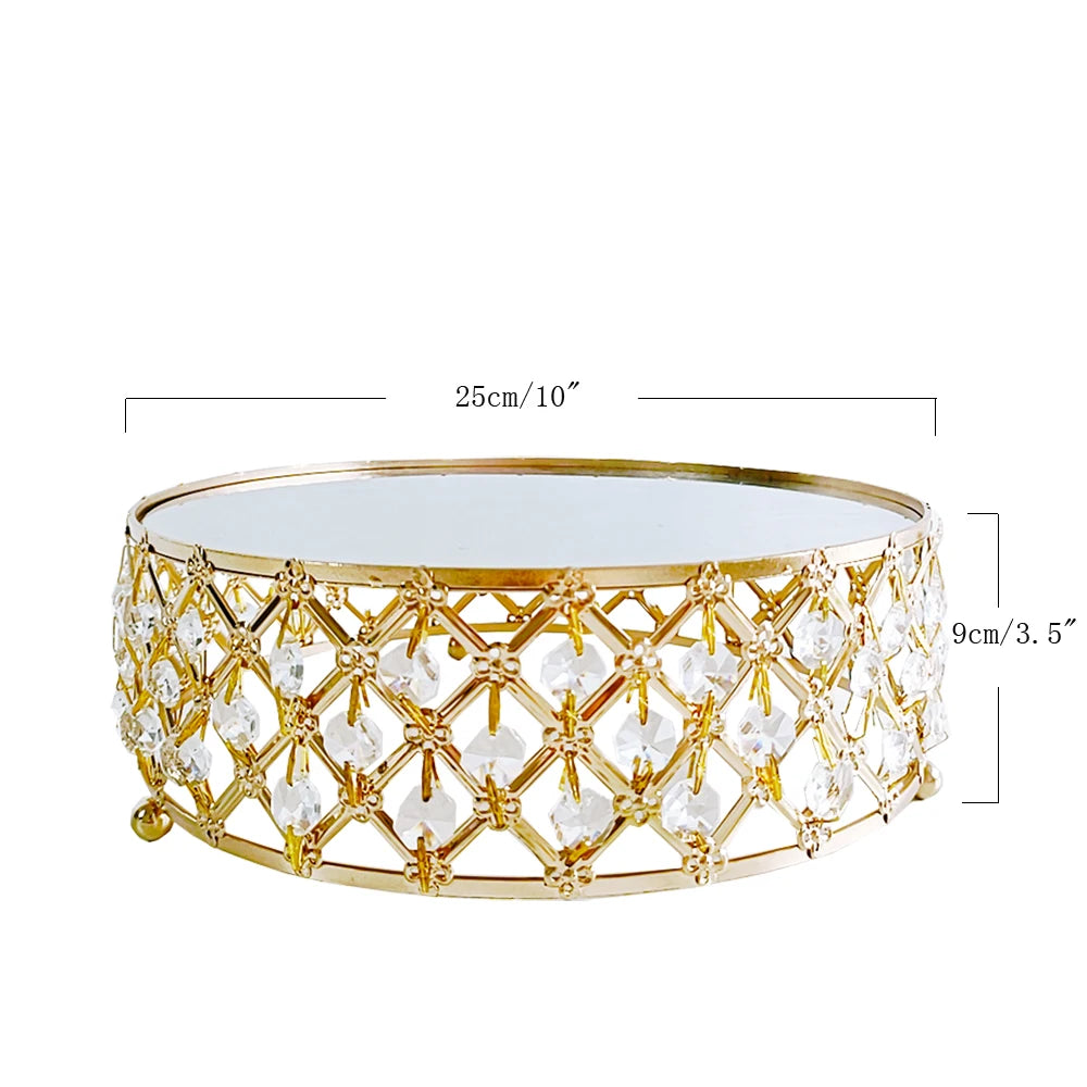 Alzata per torta in metallo con specchio di cristallo dorato, piatto rotondo