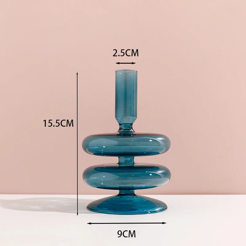 Navy Glass Candle Holder Stripe Flower Glass