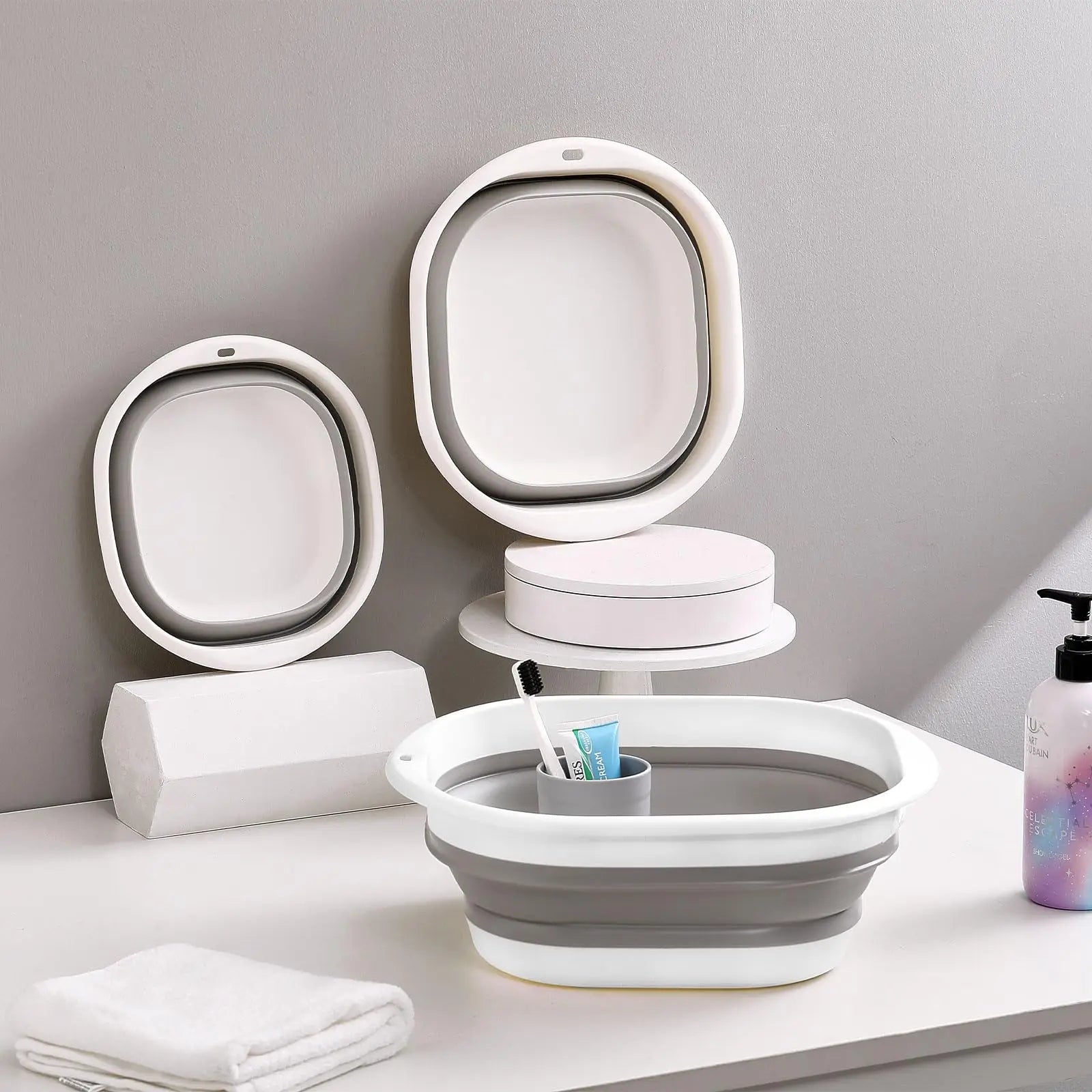 Cestini portabiancheria pieghevoli per lavabo, confezione da 3, salvaspazio.