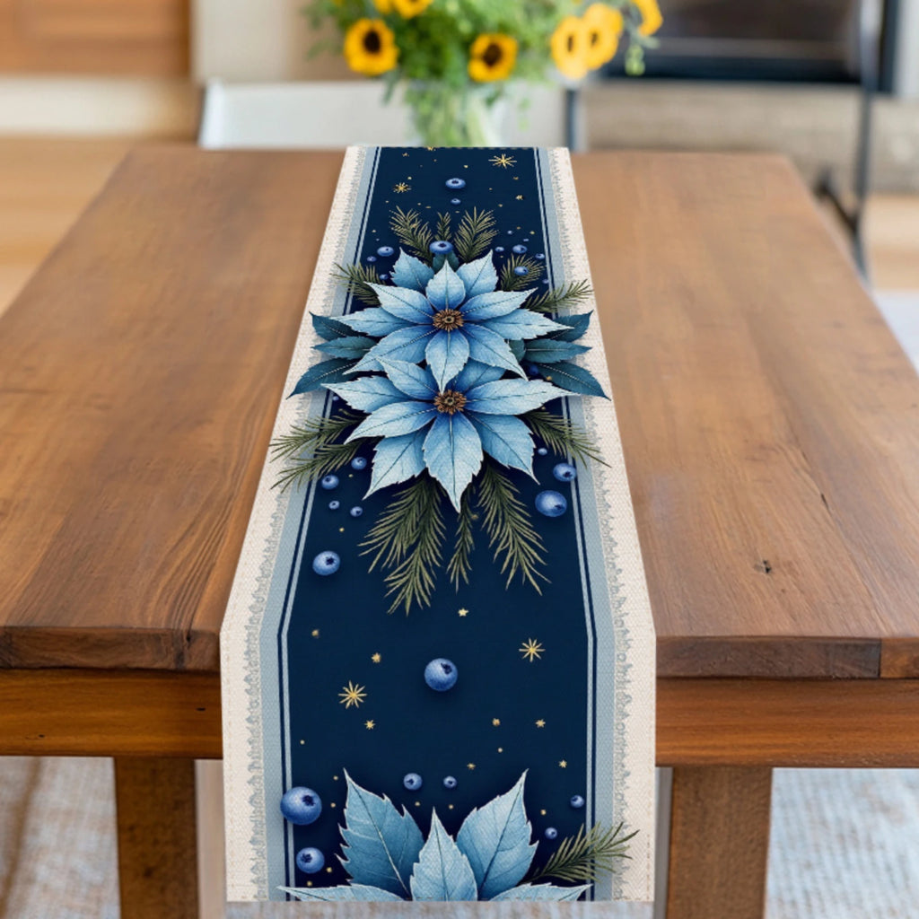 Camino de mesa navideño elegante, decoración navideña en color azul marino con flor de Pascua azul.