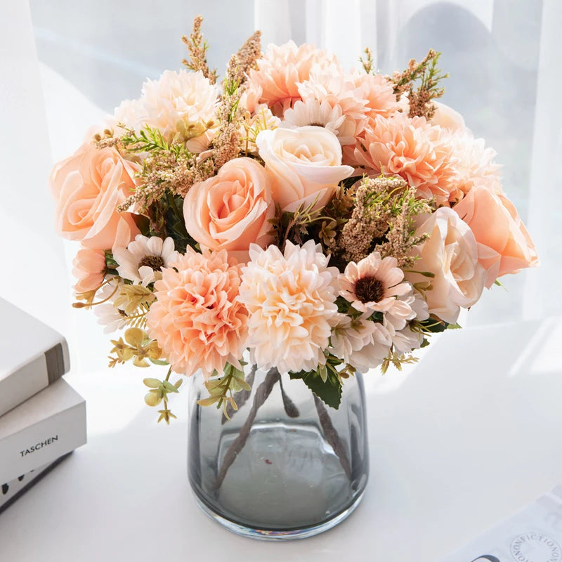 1/4 Stück künstliche Blumen, günstige Neujahrsdekorationen, Hochzeit, Garten, Pfingstrosenbogen, Weihnachten, Zuhause, künstliche Seidenrosen, Hortensien, Vase, DIY