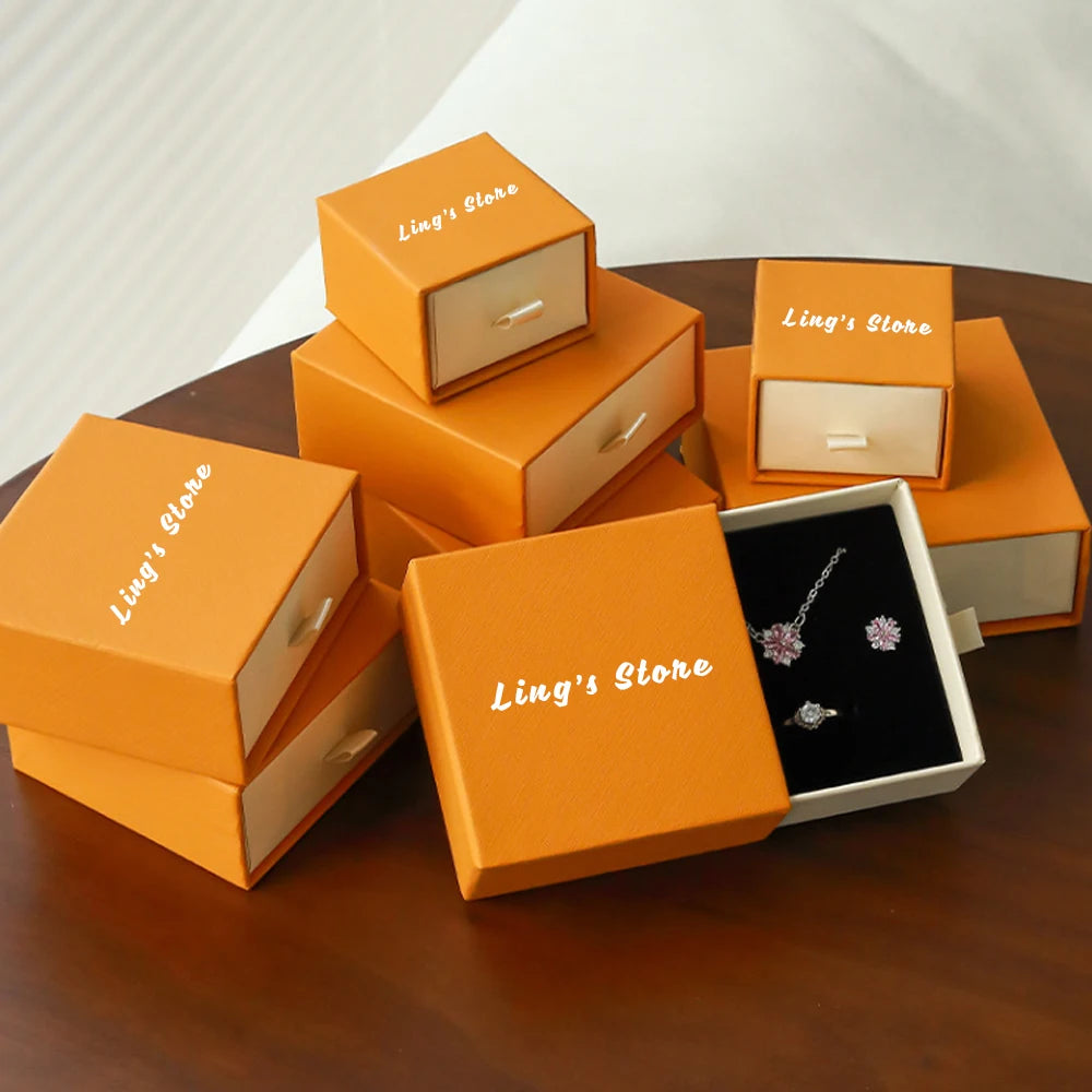 Scatola regalo con cassetto portagioie arancione e beige con logo personalizzato, 24/50/100 pezzi
